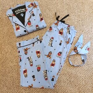 PJ Salvage Womens Blue Cotton Flannel Hipster Vibes Dog Pajama Set 3pc Large